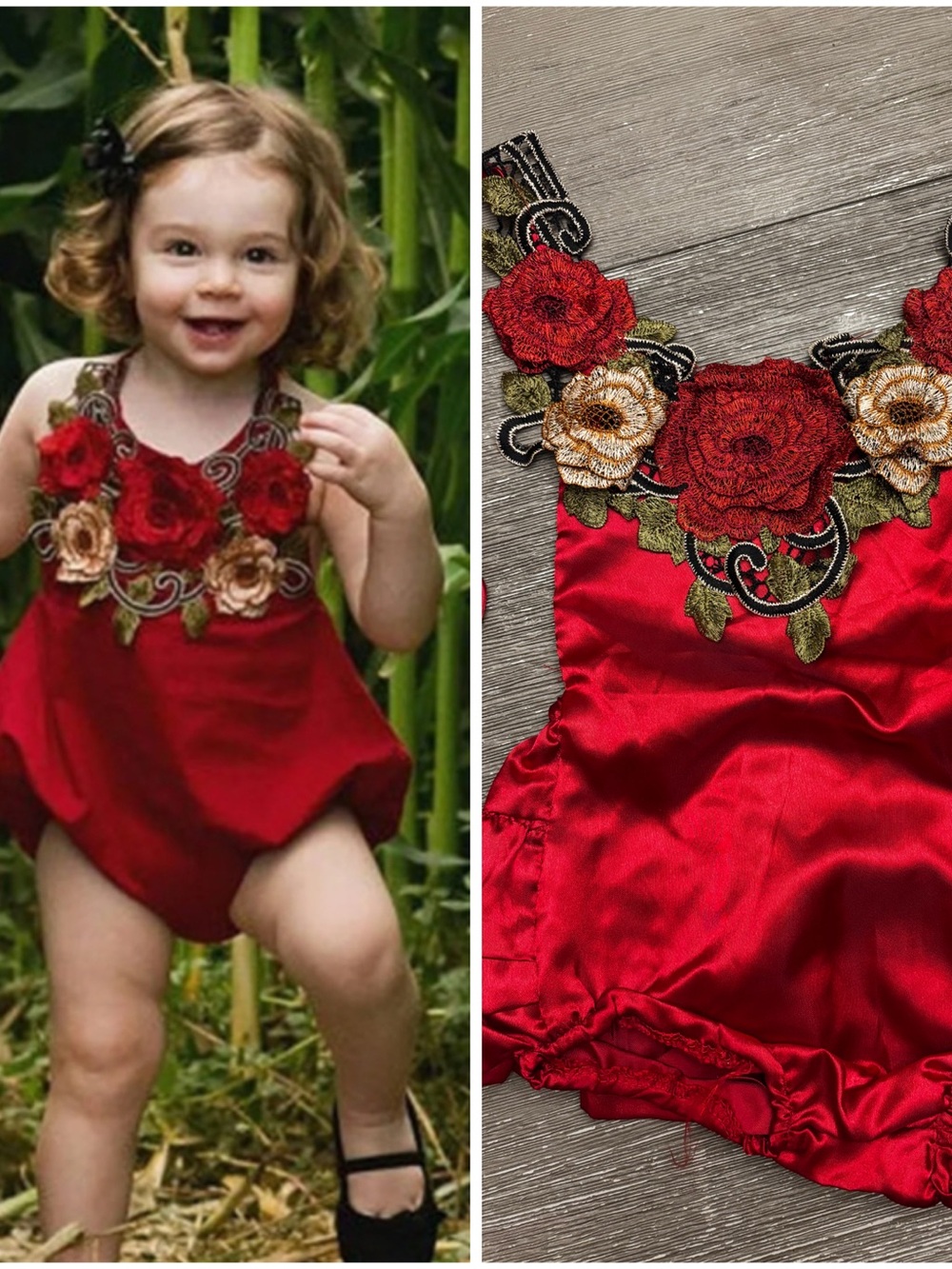 Red Satin Baby Romper with Embroidered Rose Appliqué